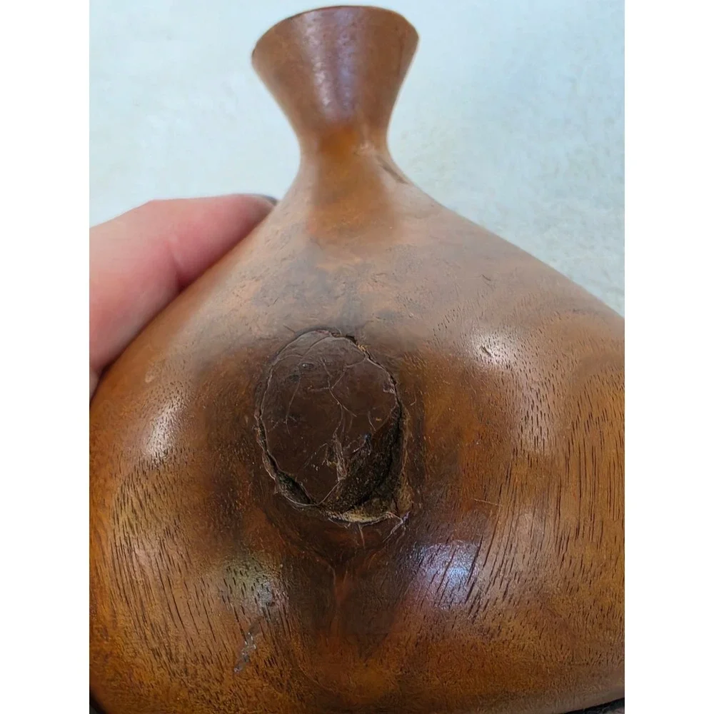 Vintage Hand Turned Solid Wood Weed Vase Teardrop Bud Vase Natural Grain Decor